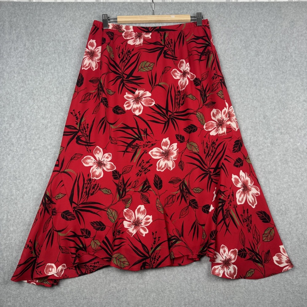 Pendleton Midi Skirt Womens 16P Red Floral Tropical High Low Ruffle Hem Tropical